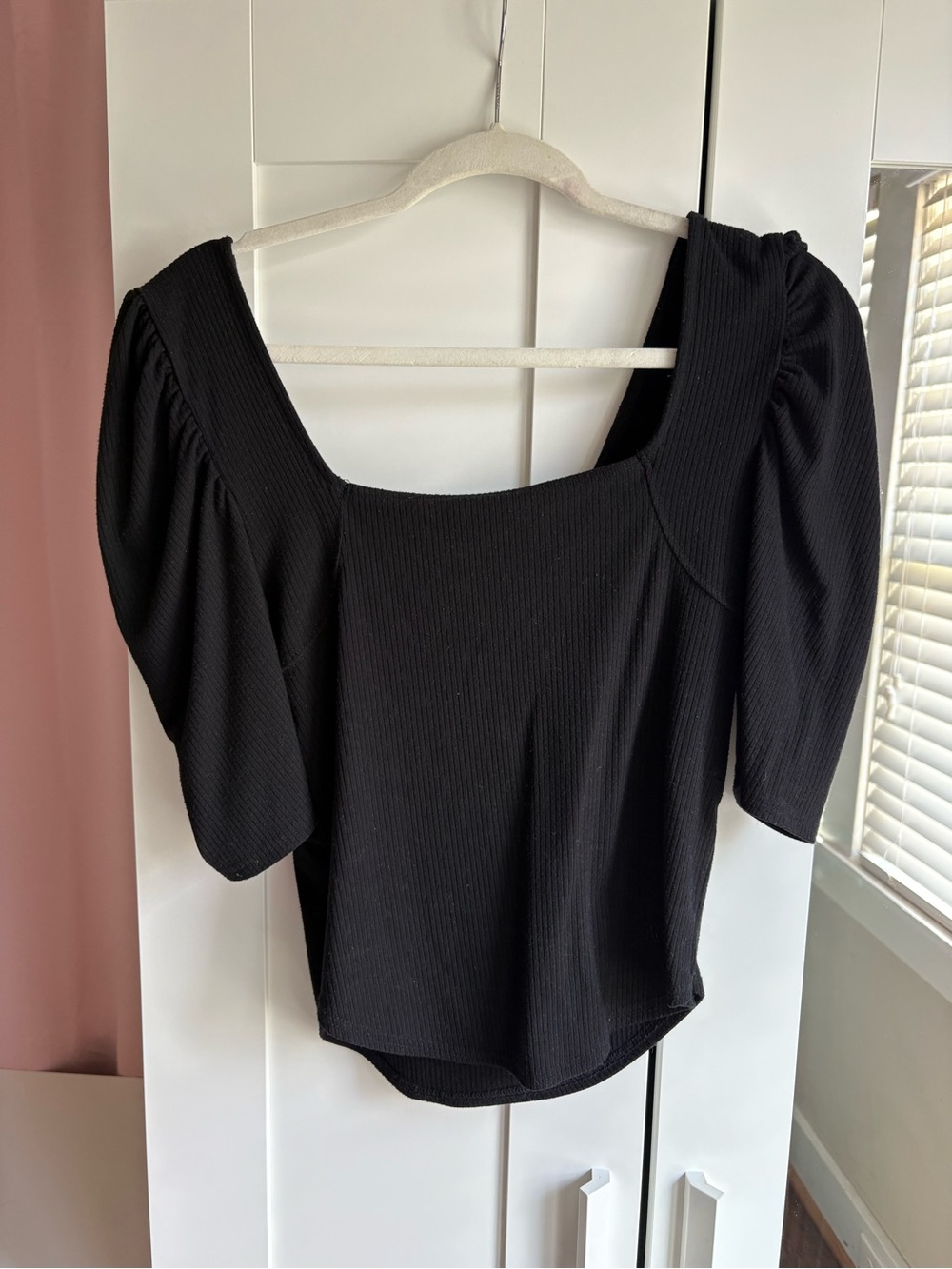We The Free Black Square-Neck Ribbed Puff Sleeve Top